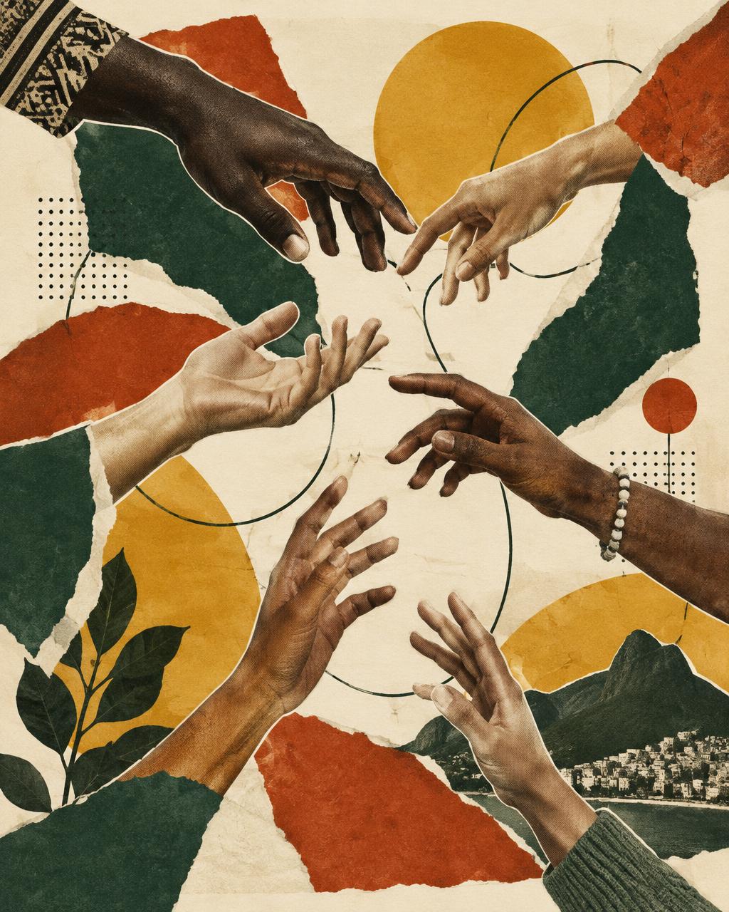 Colagem com mãos de diferentes tons de pele se aproximando, recortes de papel verde, urucum e mostarda